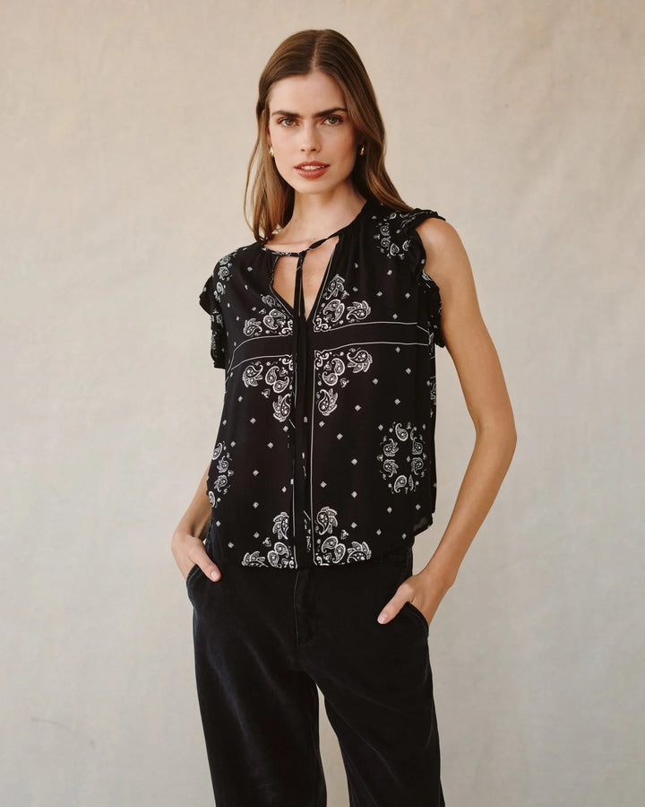 RUFFLE SLEEVE TIE NECK TOP (BANDANA PRINT) - BELLA DAHL