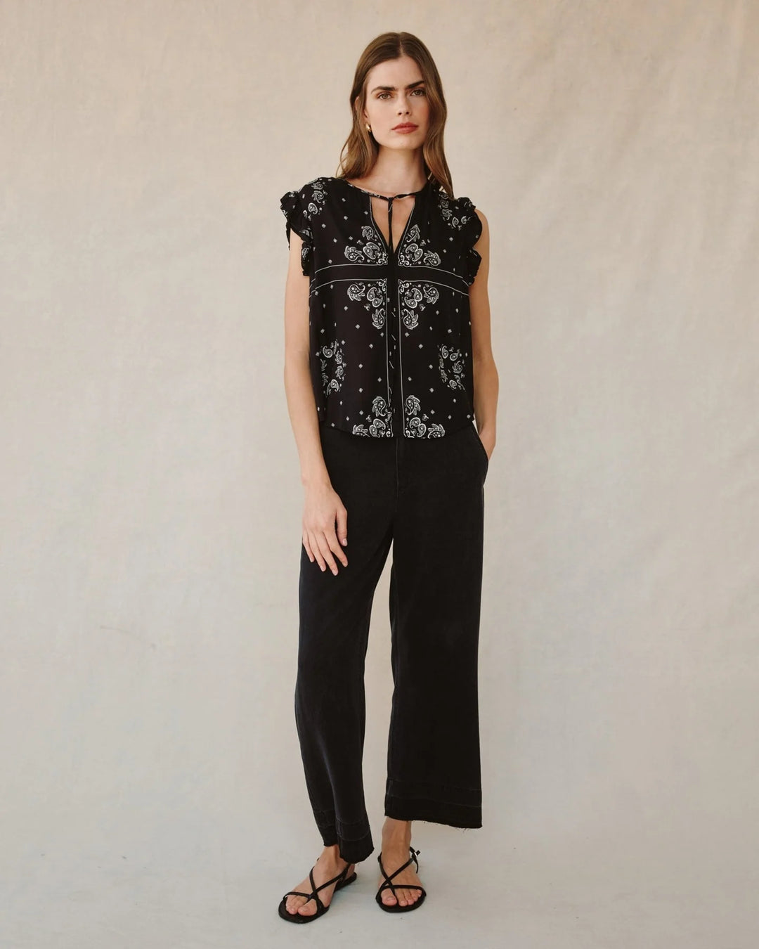 RUFFLE SLEEVE TIE NECK TOP (BANDANA PRINT) - BELLA DAHL