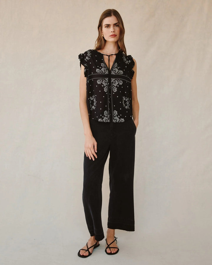 RUFFLE SLEEVE TIE NECK TOP (BANDANA PRINT) - BELLA DAHL