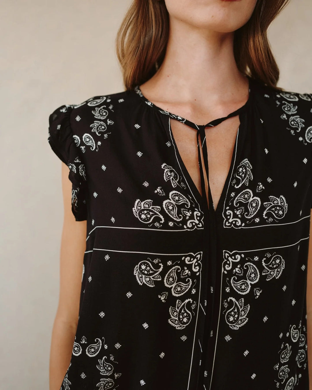 RUFFLE SLEEVE TIE NECK TOP (BANDANA PRINT) - BELLA DAHL