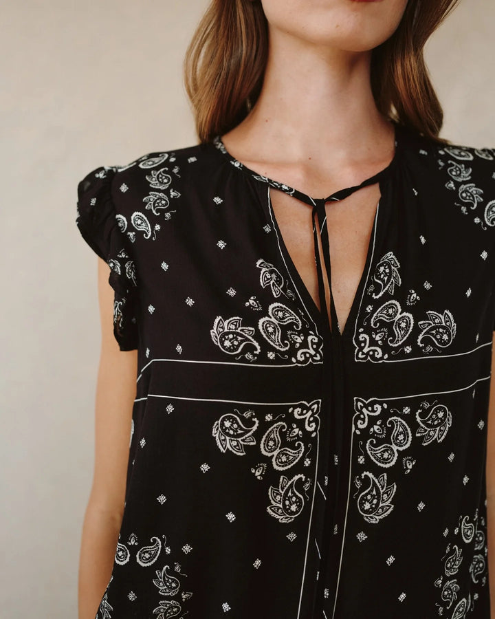 RUFFLE SLEEVE TIE NECK TOP (BANDANA PRINT) - BELLA DAHL