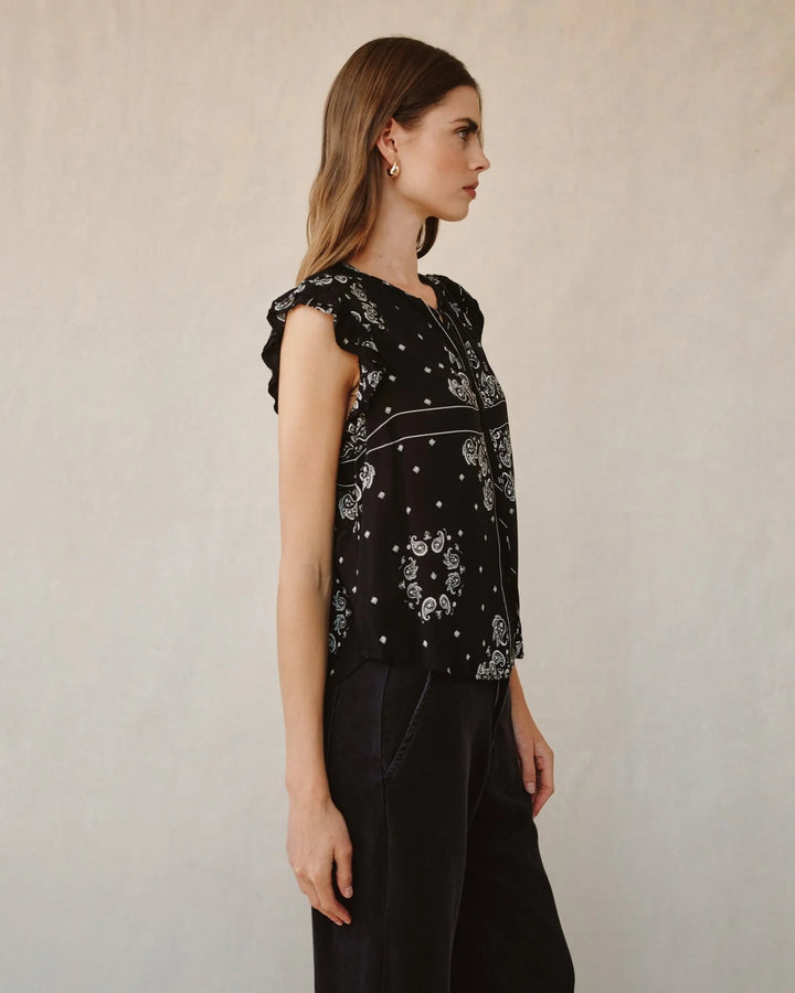 RUFFLE SLEEVE TIE NECK TOP (BANDANA PRINT) - BELLA DAHL