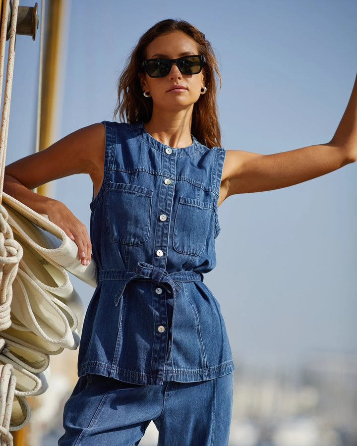 SEAMED BELTED VEST (HORIZON BLUE WASH) - BELLA DAHL