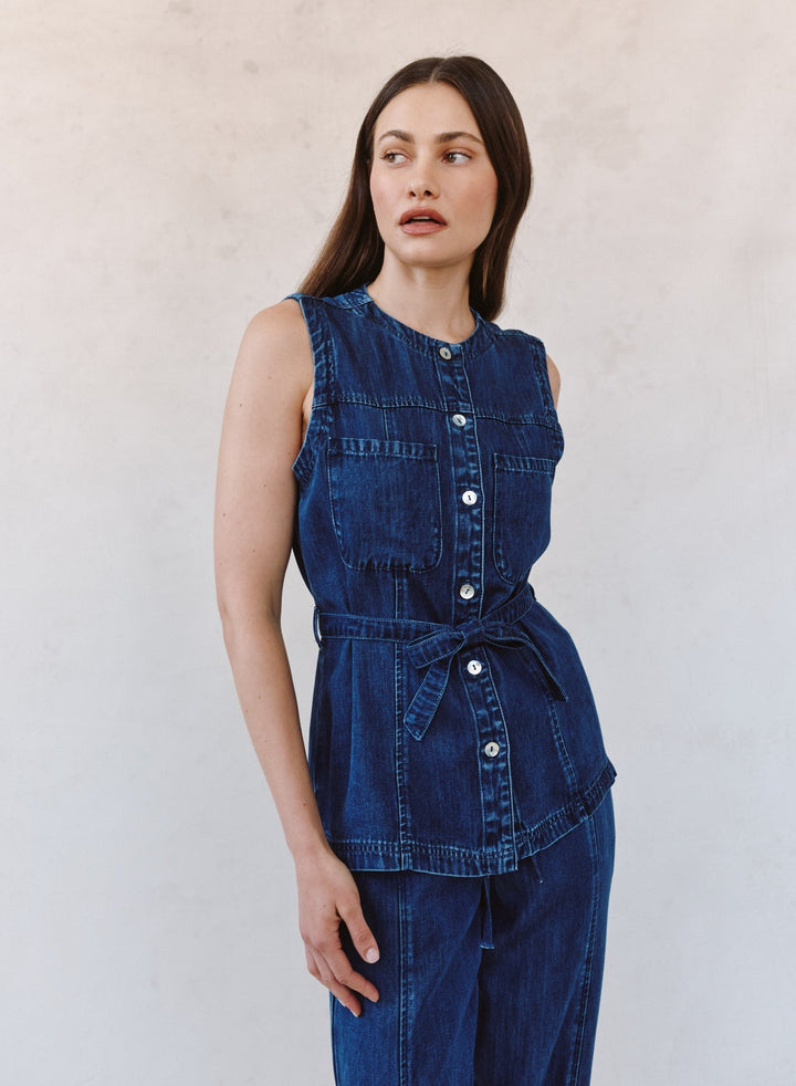 SEAMED BELTED VEST (HORIZON BLUE WASH) - BELLA DAHL