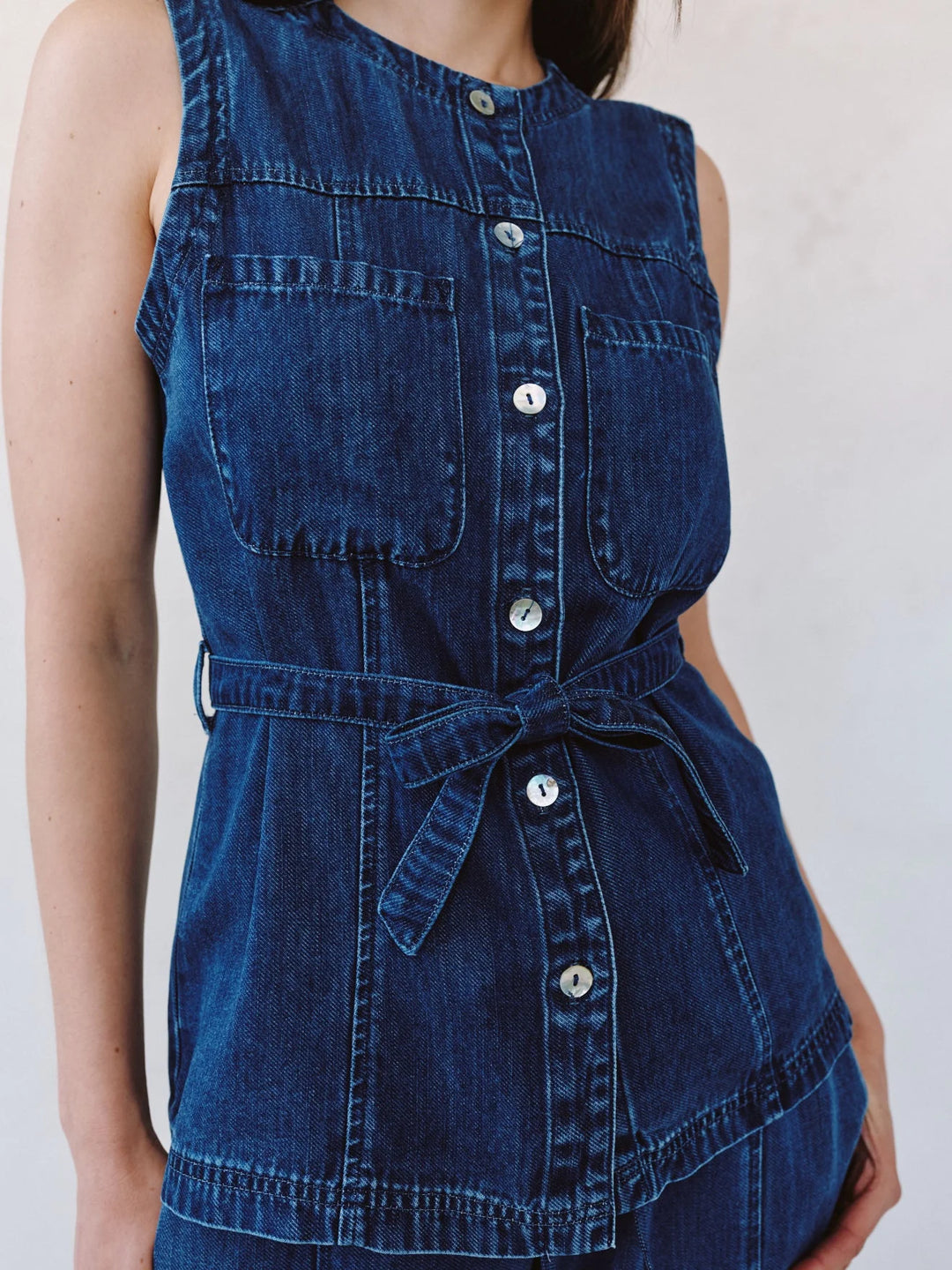 SEAMED BELTED VEST (HORIZON BLUE WASH) - BELLA DAHL