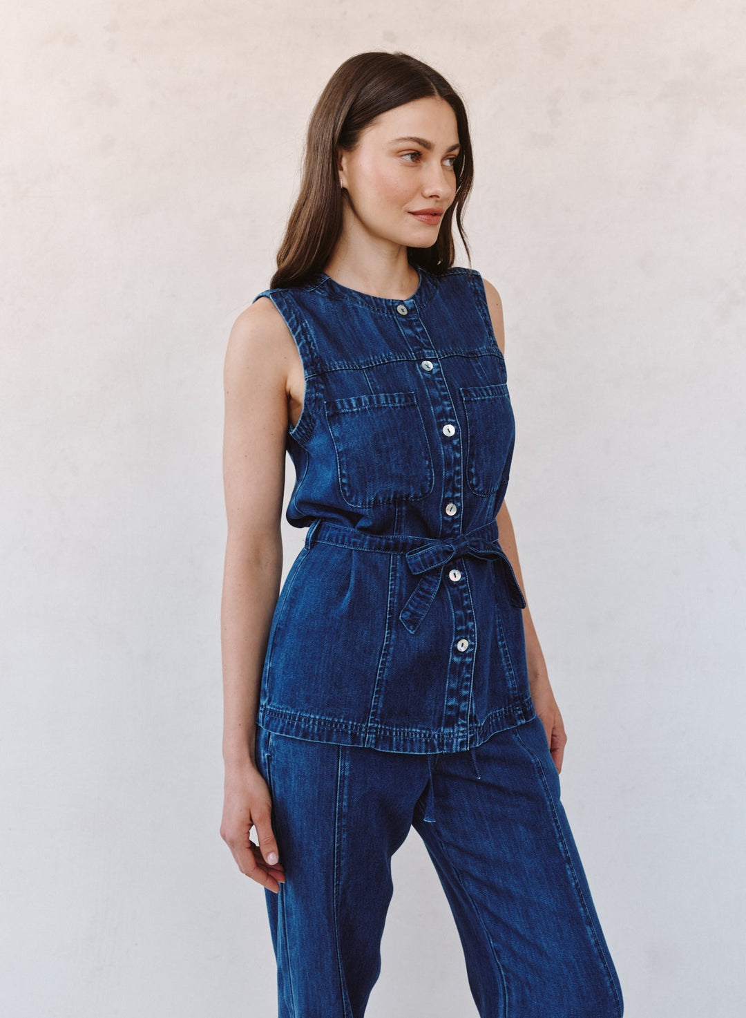 SEAMED BELTED VEST (HORIZON BLUE WASH) - BELLA DAHL