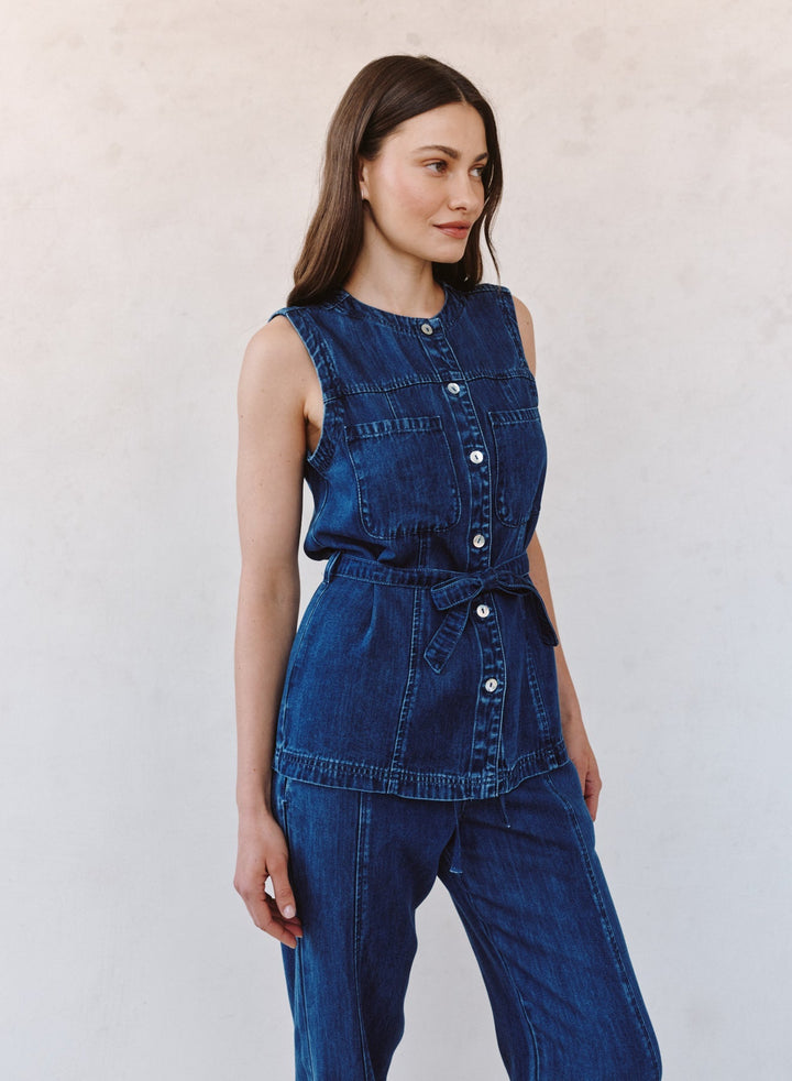 SEAMED BELTED VEST (HORIZON BLUE WASH) - BELLA DAHL