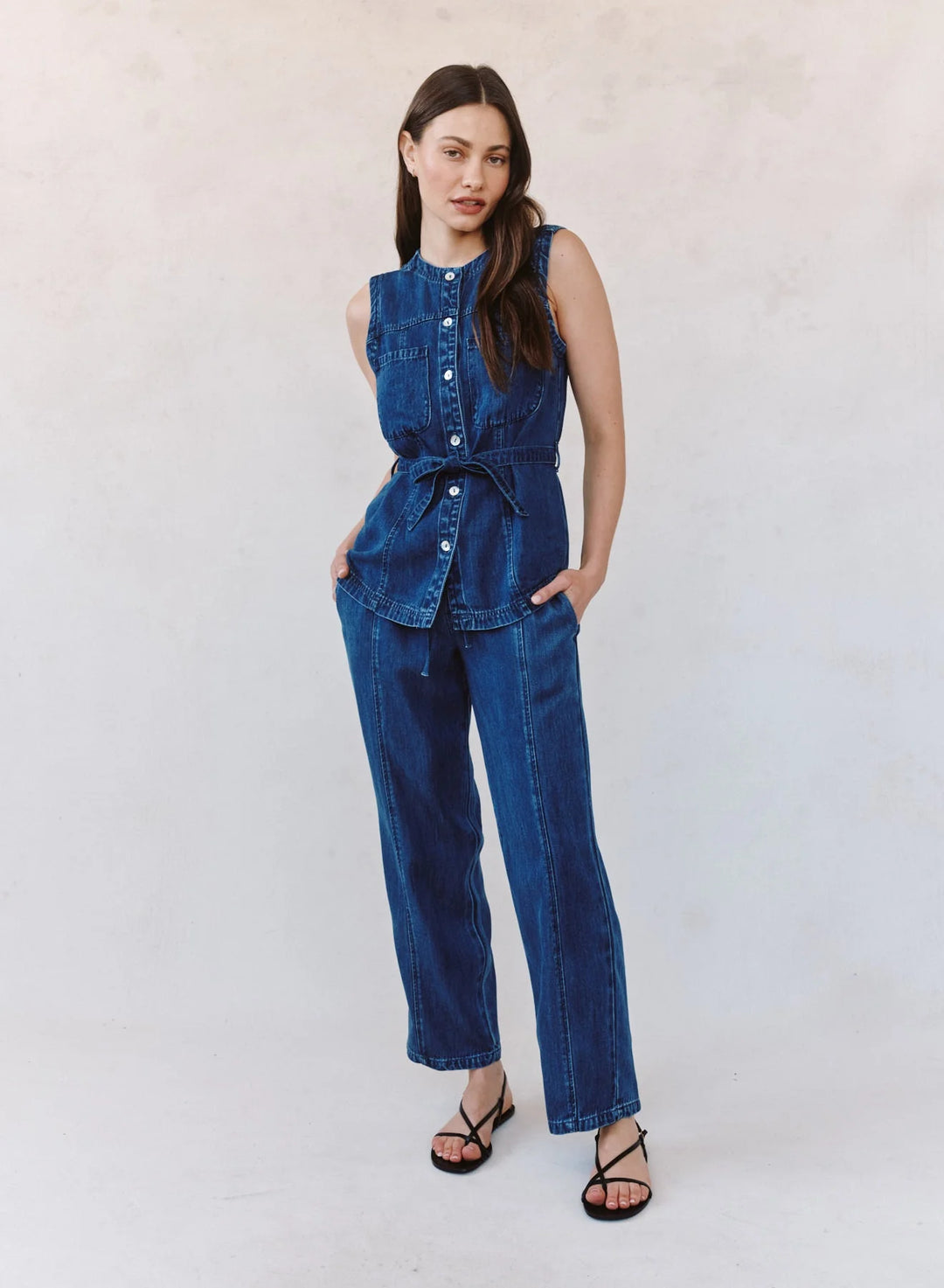 SEAMED BELTED VEST (HORIZON BLUE WASH) - BELLA DAHL