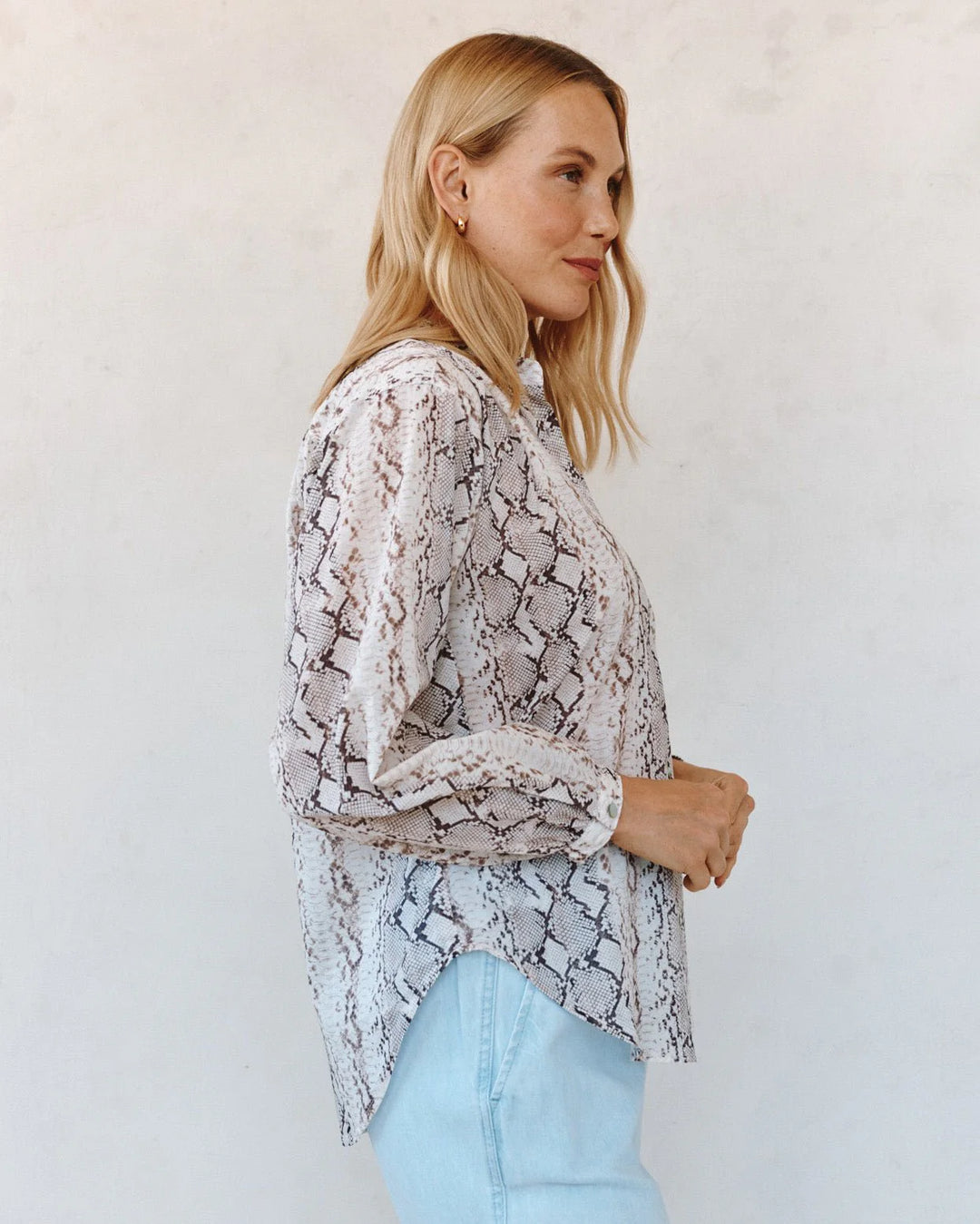 SHIRRED MANDARIN COLLAR SHIRT (BLUSH SNAKE PRINT) - BELLA DAHL