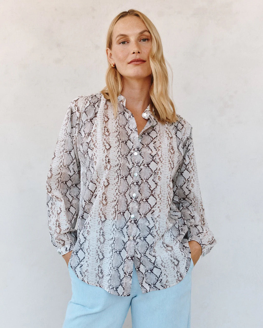 SHIRRED MANDARIN COLLAR SHIRT (BLUSH SNAKE PRINT) - BELLA DAHL