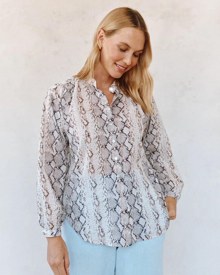 SHIRRED MANDARIN COLLAR SHIRT (BLUSH SNAKE PRINT) - BELLA DAHL