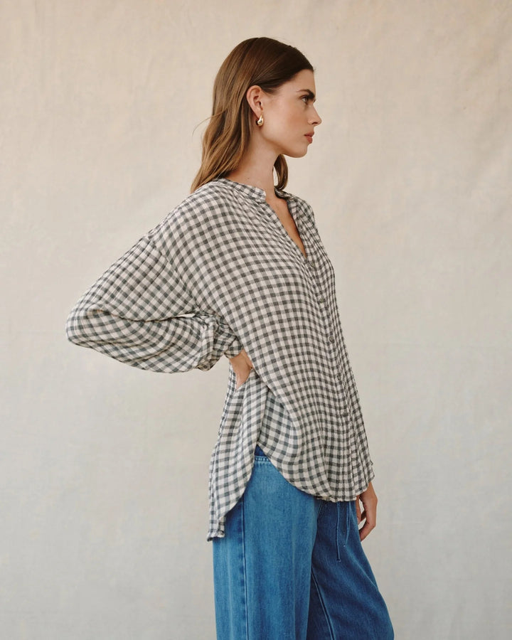 SHIRRED MANDARIN COLLAR SHIRT (IVORY CHECK PLAID) - BELLA DAHL