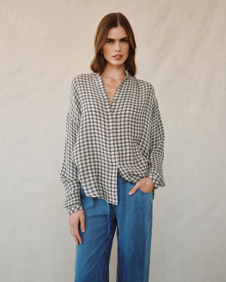 SHIRRED MANDARIN COLLAR SHIRT (IVORY CHECK PLAID) - BELLA DAHL