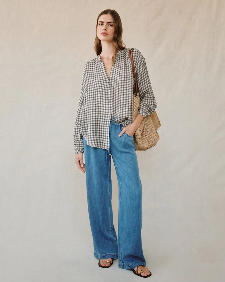 SHIRRED MANDARIN COLLAR SHIRT (IVORY CHECK PLAID) - BELLA DAHL