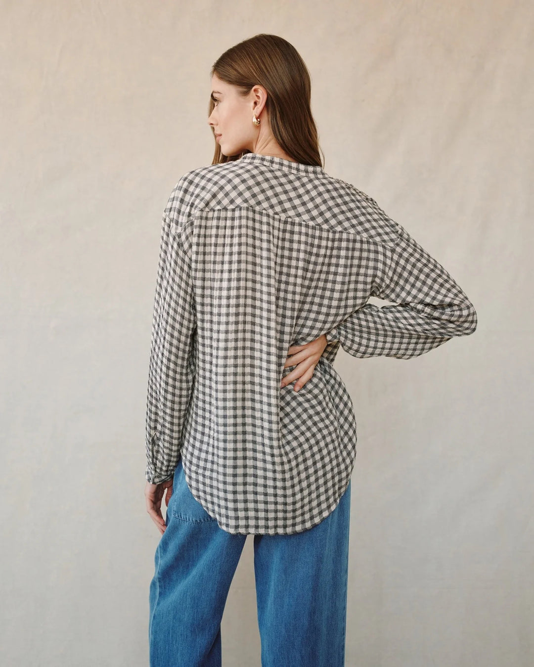 SHIRRED MANDARIN COLLAR SHIRT (IVORY CHECK PLAID) - BELLA DAHL