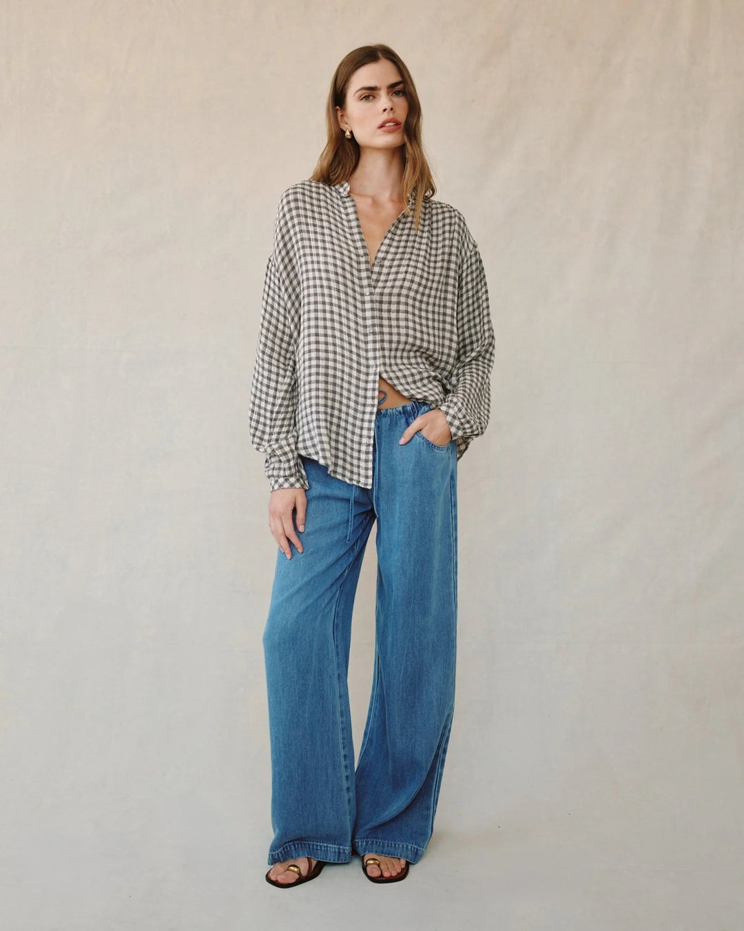 SHIRRED MANDARIN COLLAR SHIRT (IVORY CHECK PLAID) - BELLA DAHL