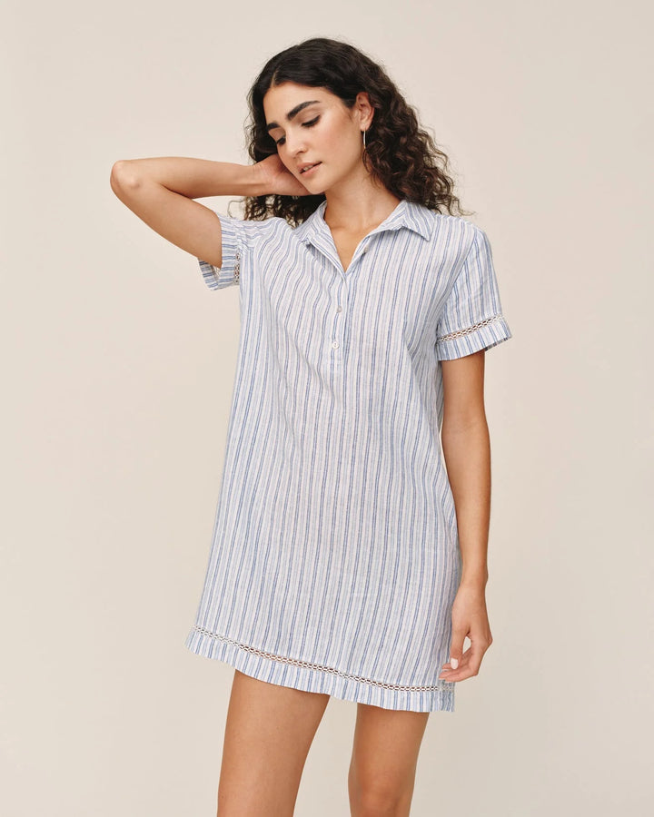 SHORT SLEEVE PULLOVER SHIRT DRESS (OCEAN BLUE STRIPE) - BELLA DAHL