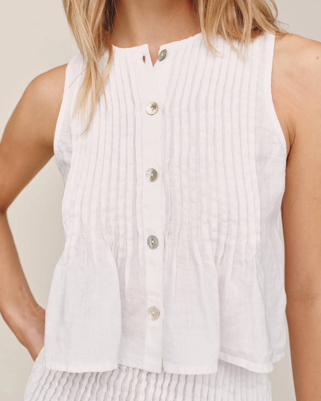 SLEEVELESS PINTUCK TOP (WHITE) - BELLA DAHL