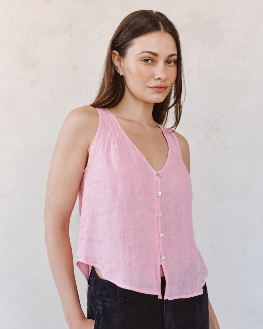 SLEEVELESS PINTUCK V-NECK TOP (ROSE BLUSH) - BELLA DAHL