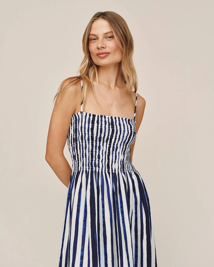 SMOCKED MIDI DRESS (PAINTED TIDES STRIPE) - BELLA DAHL