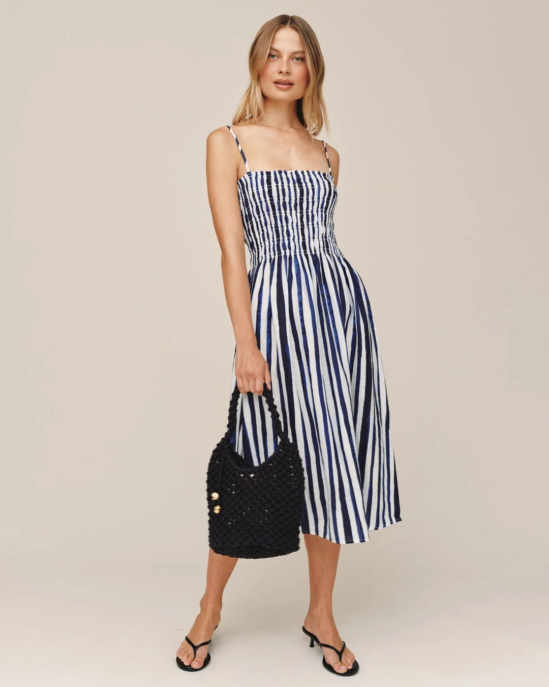SMOCKED MIDI DRESS (PAINTED TIDES STRIPE) - BELLA DAHL
