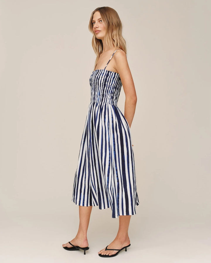 SMOCKED MIDI DRESS (PAINTED TIDES STRIPE) - BELLA DAHL