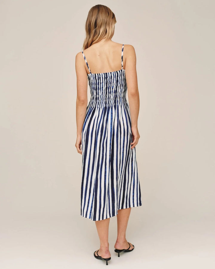 SMOCKED MIDI DRESS (PAINTED TIDES STRIPE) - BELLA DAHL