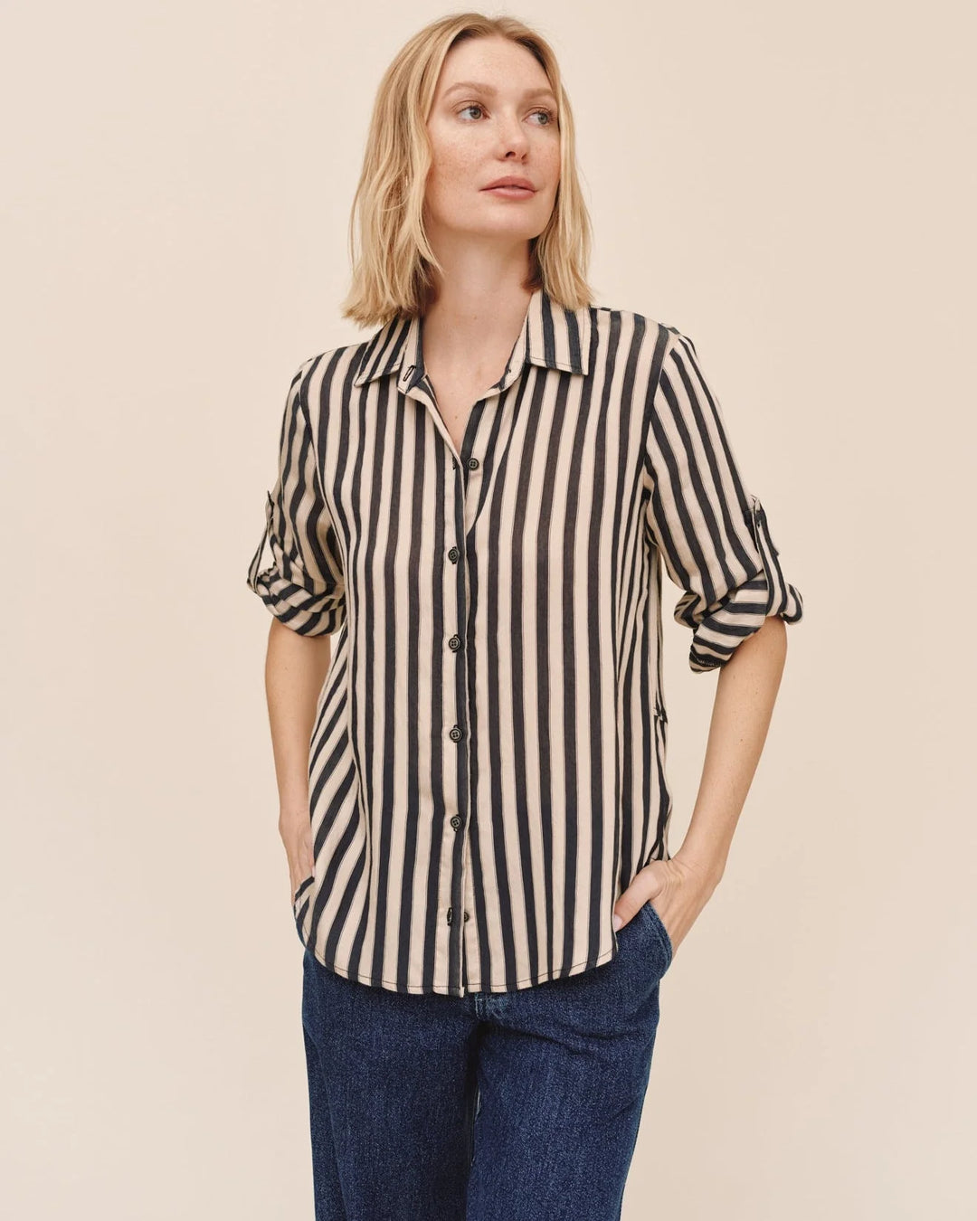SPLIT BACK BUTTON DOWN (BLACK/ECRU STRIPE) - BELLA DAHL