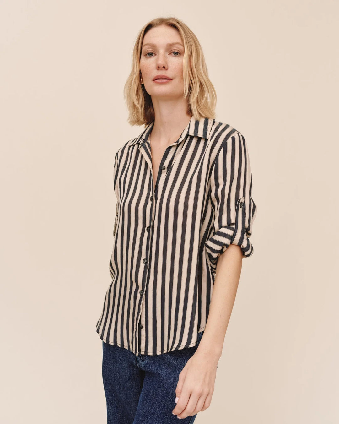 SPLIT BACK BUTTON DOWN (BLACK/ECRU STRIPE) - BELLA DAHL