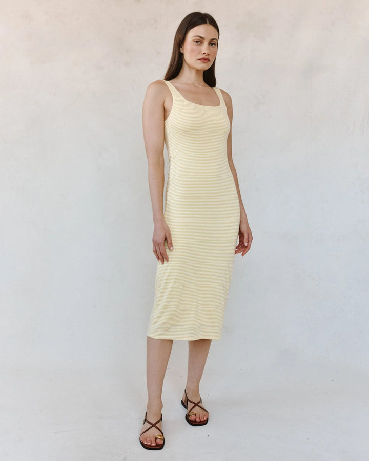 SQUARE NECK FITTED MIDI DRESS (LEMON MERIGUE STRIPE) - BELLA DAHL