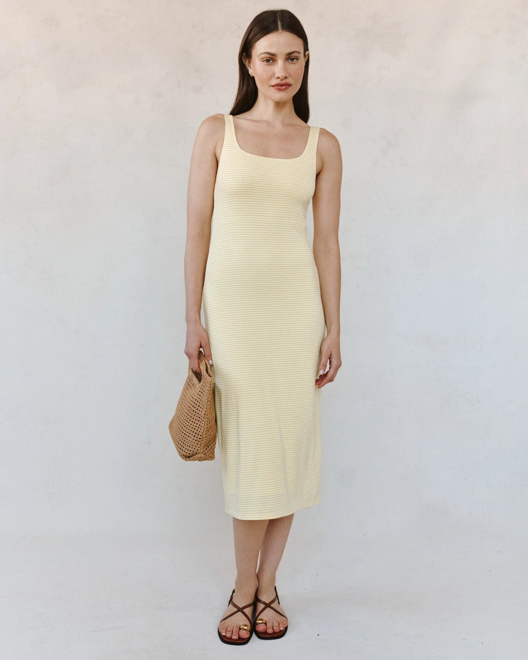 SQUARE NECK FITTED MIDI DRESS (LEMON MERIGUE STRIPE) - BELLA DAHL