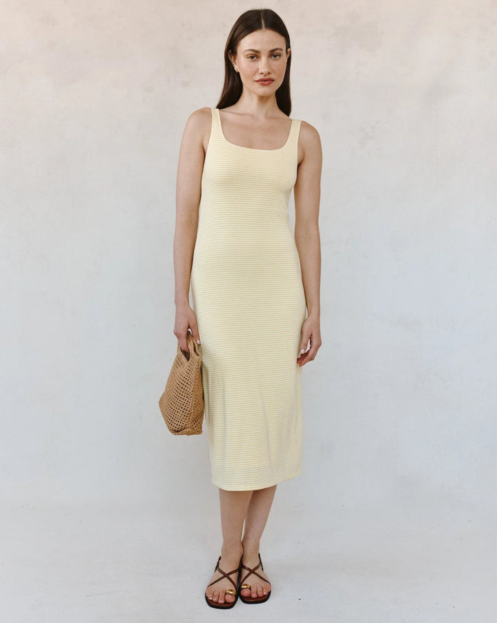 SQUARE NECK FITTED MIDI DRESS (LEMON MERIGUE STRIPE) - BELLA DAHL