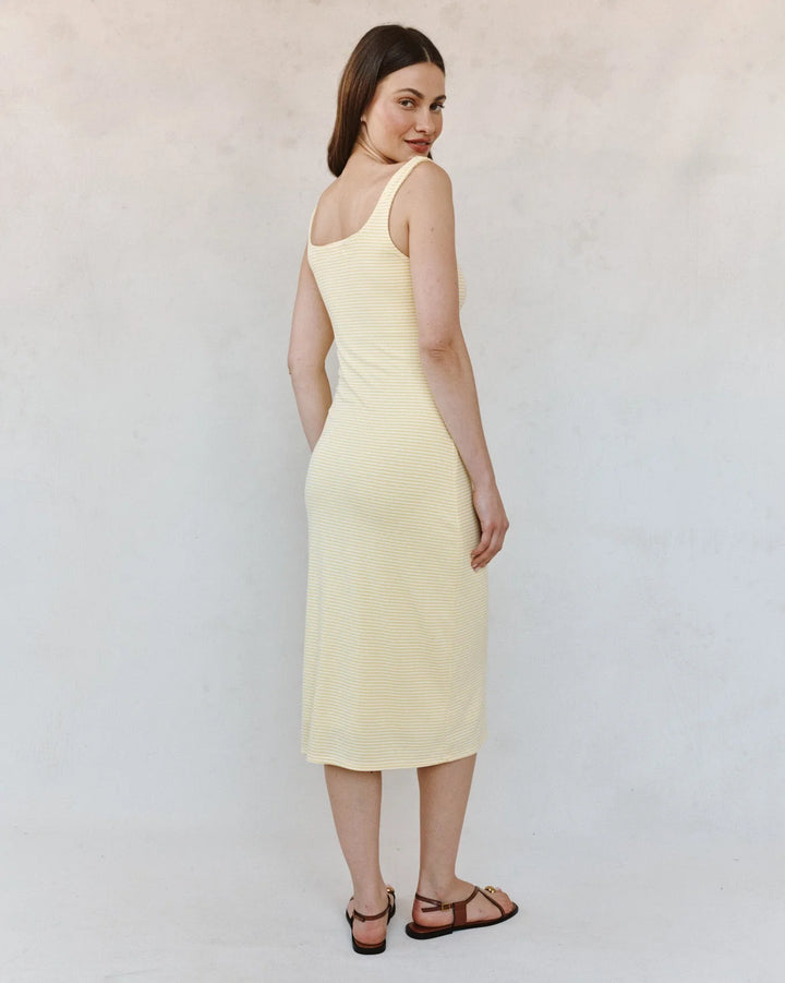 SQUARE NECK FITTED MIDI DRESS (LEMON MERIGUE STRIPE) - BELLA DAHL