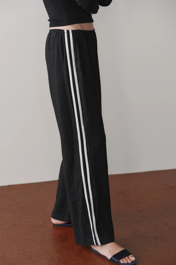 THE LINEN CROP RACER STRIPE PANT (JET) - DONNI