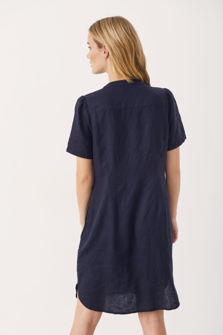 Navy blue linen dress cheap