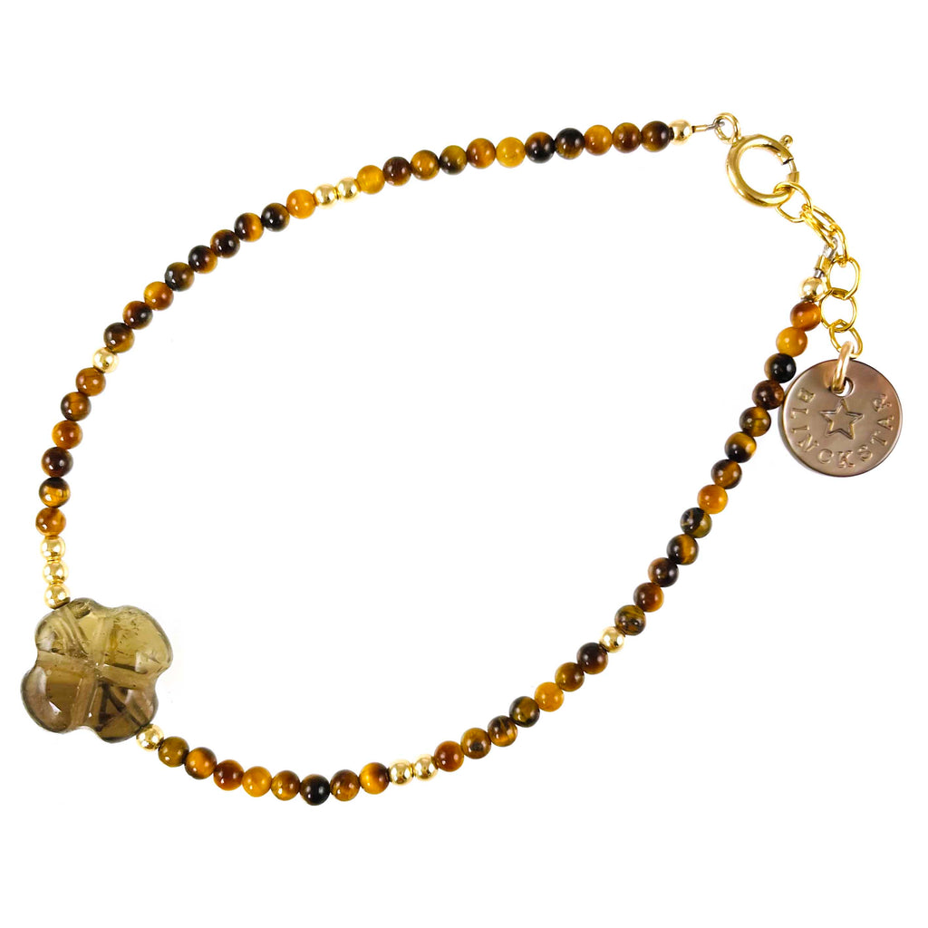 GOLD AND TIGER EYE BEADS WITH QUARTZ FLOWER BRACELET - BLINCKSTAR