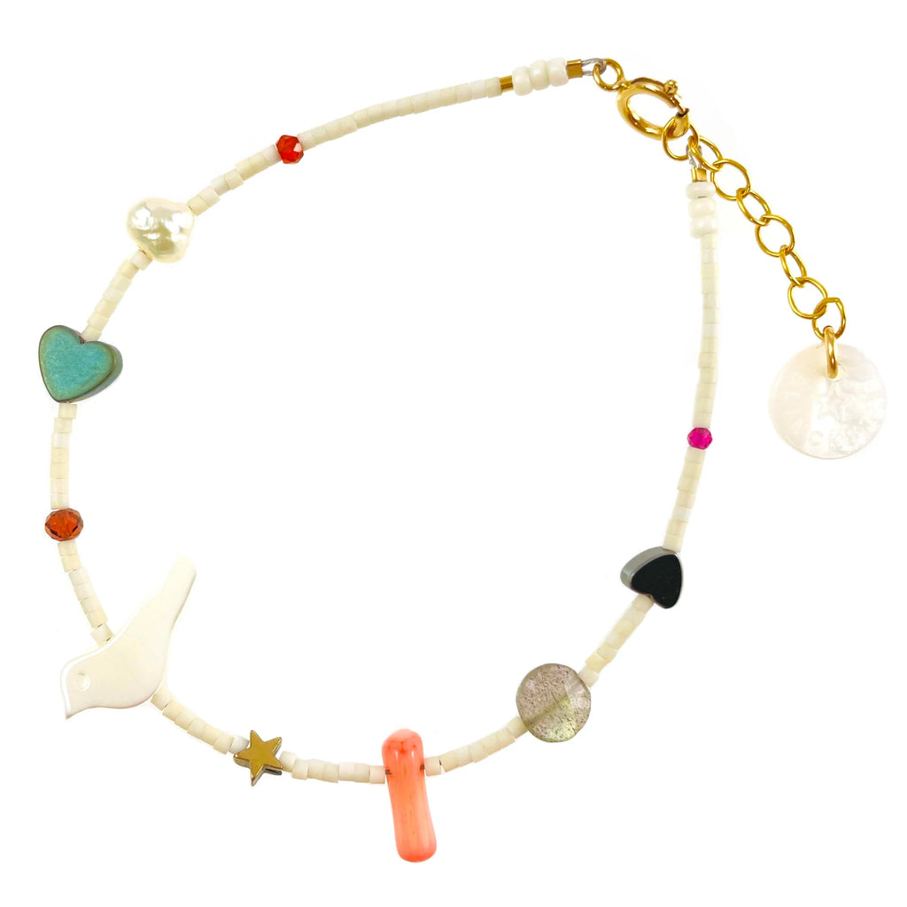 MINI MIX STONES AND DOVE WITH WHITE BEADS BRACELET - BLINCKSTAR