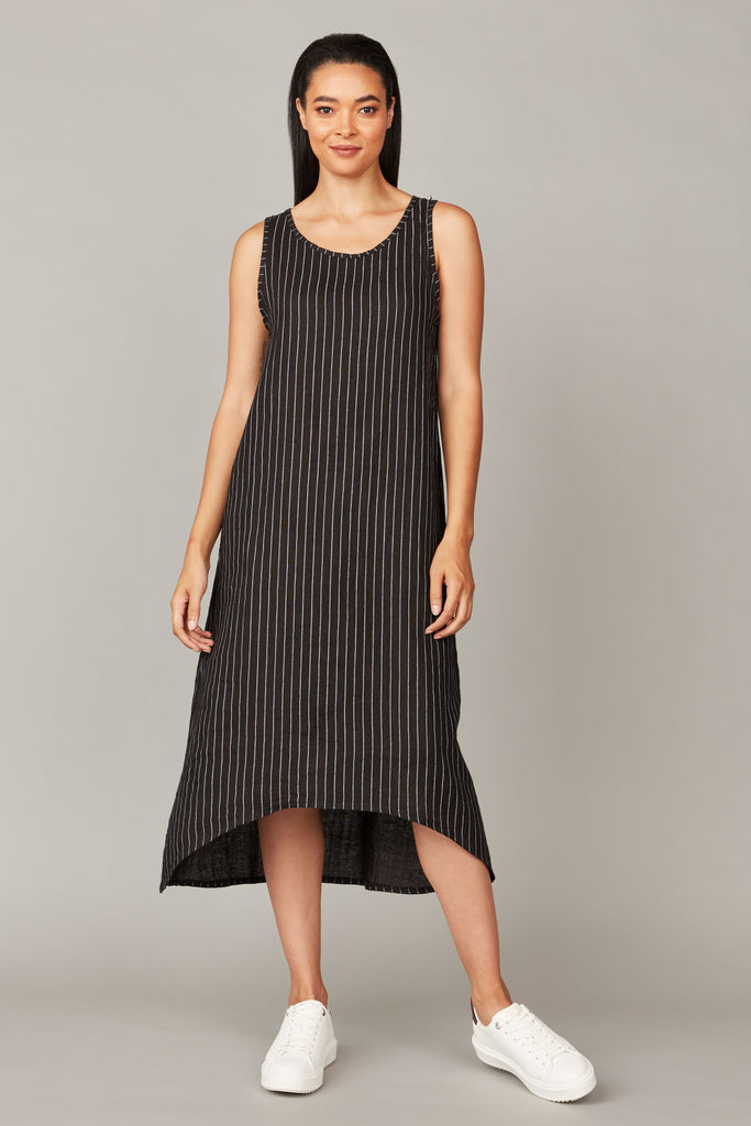 LONG LINEN PINSTRIPED SHEATH DRESS - PISTACHE