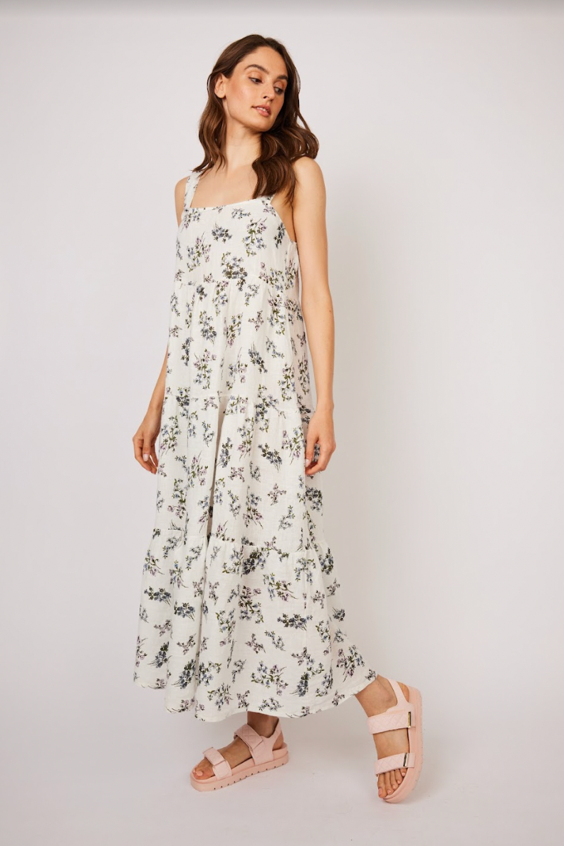 LONG LINEN PANELLED DRESS (WILD FLOWER) - PISTACHE