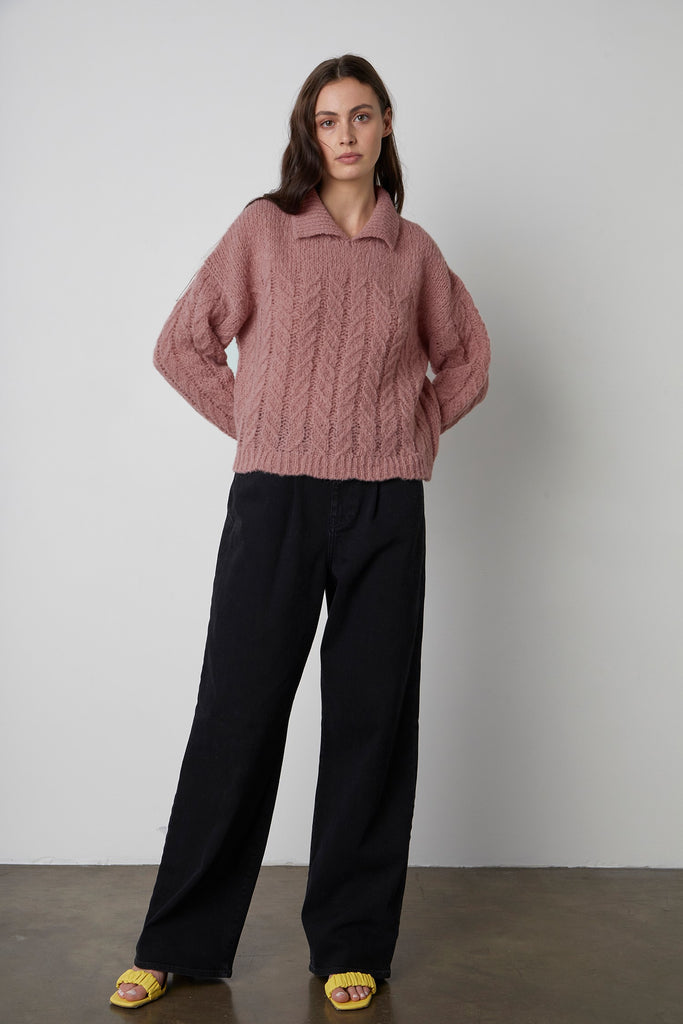 AVA ALPACA CABLE COLLARED SWEATER (SORBET) - VELVET