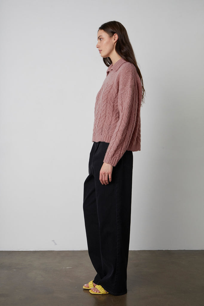 AVA ALPACA CABLE COLLARED SWEATER (SORBET) - VELVET