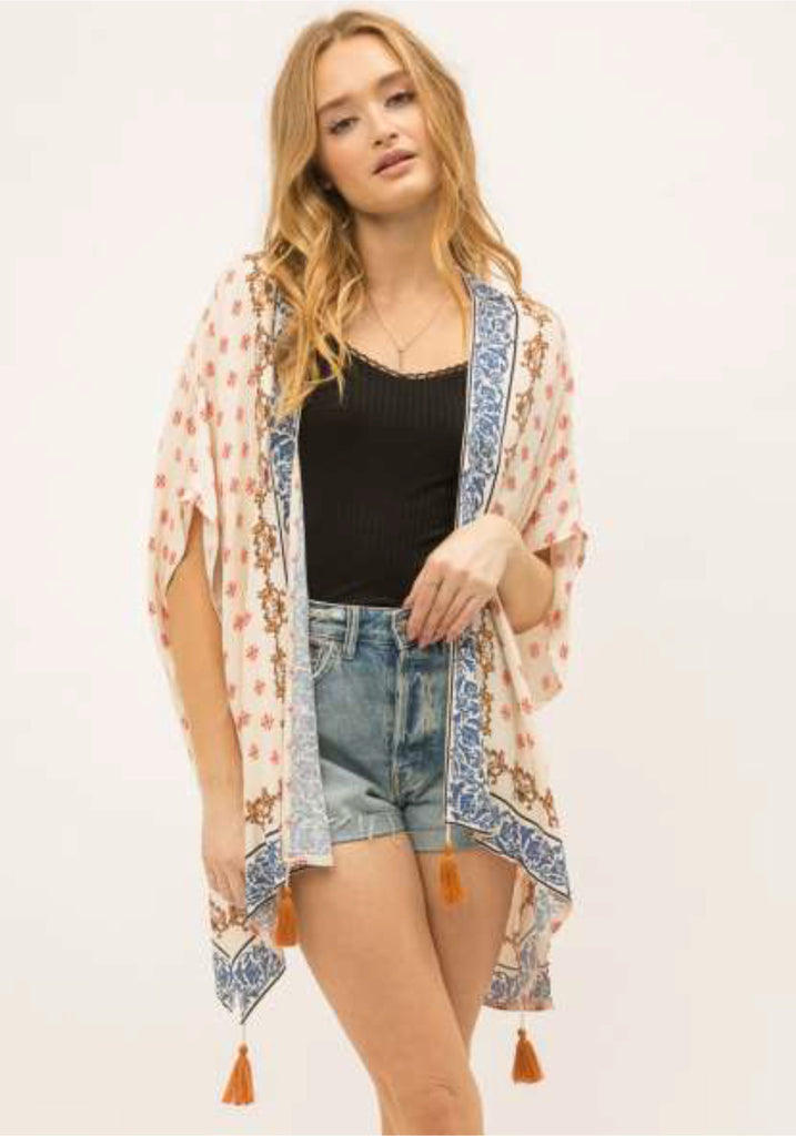 BORDER PRINT TASSEL BOTTOM KIMONO CARDIGAN - MYSTREE